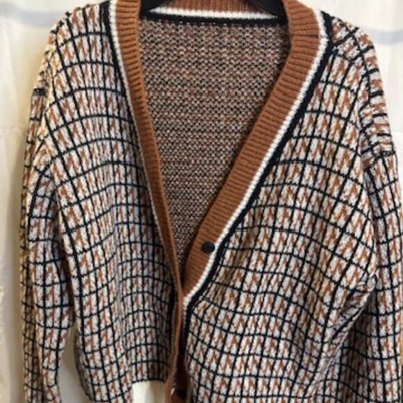 Women’s Geometric Button-Front Cardigan Sweater – Brown, Black & Cream Knit - Picture 1 of 4